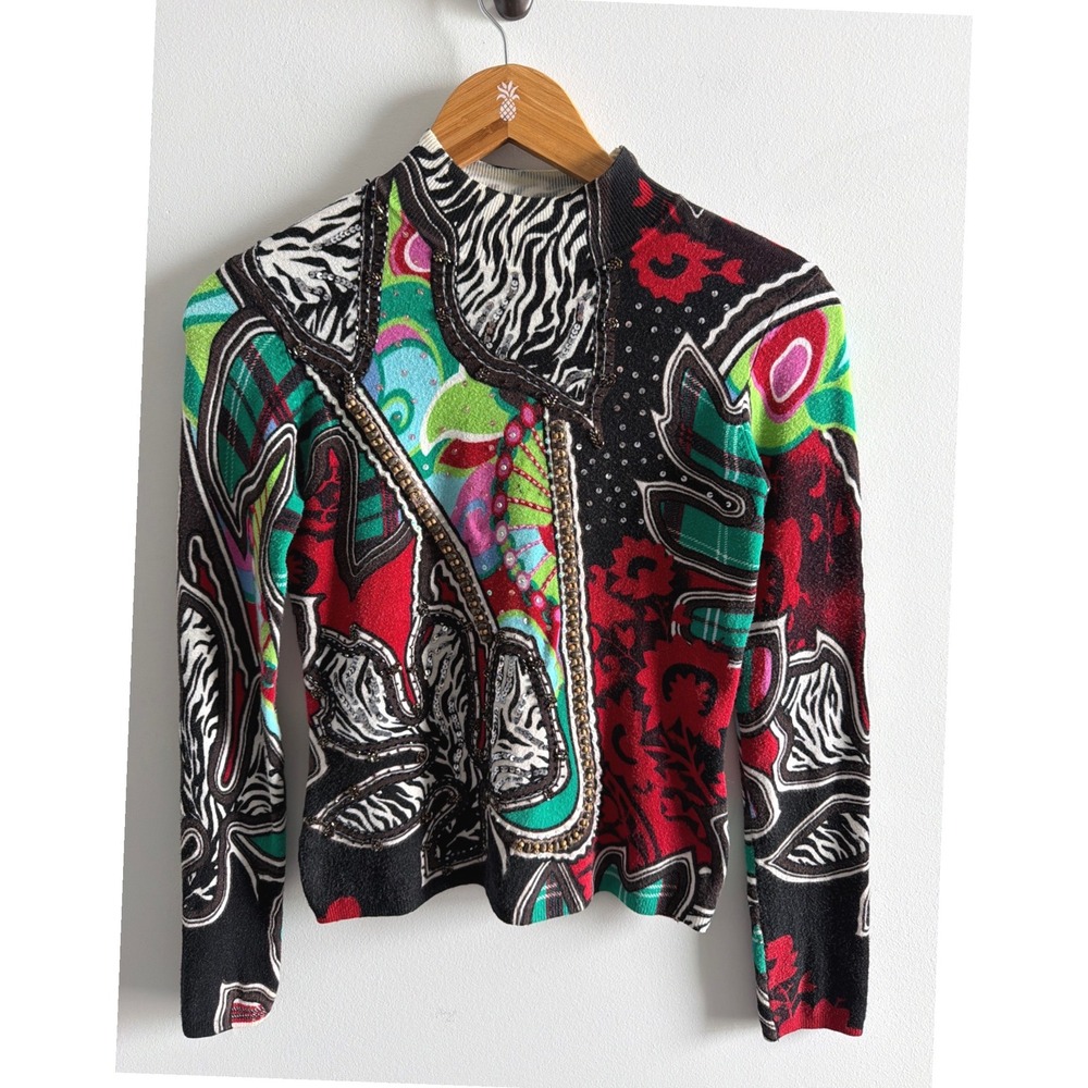 Alberto Makali Mock Neck Sweater Art to Wear Multicolor Beaded Animal Print